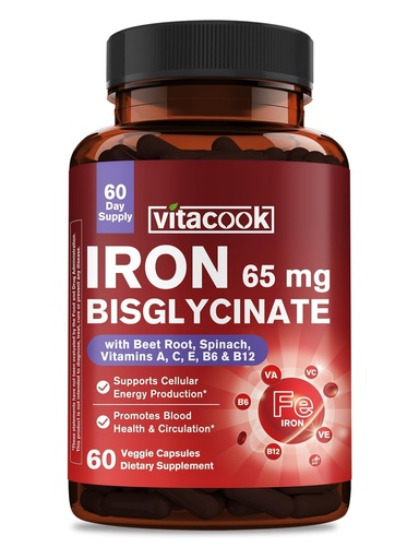 [BRSREYABOAOWCCL4] Iron Supplement for Women & Men, 65mg Ferrous Bisglycinate Chelate, Slow Release Iron with Vitamins A C E B6, B12, Folate, Organic Spinach & Beet Root Powder, for Blood Flow & Energy Support, 60 Caps