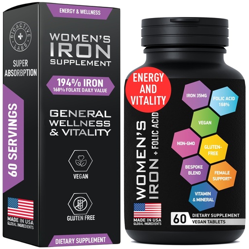 [BRSROZY6PIMB6ELB] Vegan Iron Supplements for Women with Folic Acid - 35mg Gentle Iron, 400mcg Folic Acid - Ferrous Sulfate Blood Builder for Anemia, Pregnant Women and Red Blood Cell Support - 60 Gluten-Free Tablets