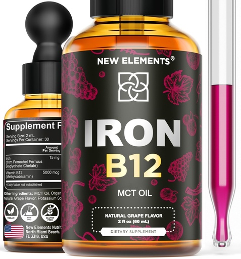 [BRSRMBI7BB4BQ2DV] New Elements Liquid Iron Supplement for Women & Men with Vitamin B12 5000mcg - Free Blood Builder for Anemia - Liquid Vitamin B12 Drops for Adults with MCT Oil, Natural Grape Flavor, 2 Fl Oz