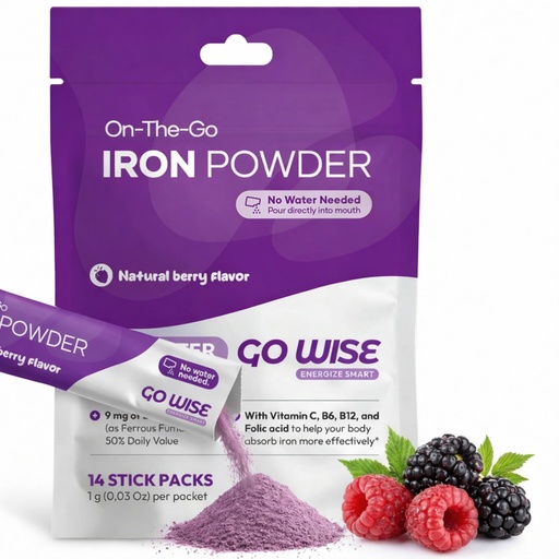 [BRSRACQFPIJWO232] Go Wise Gentle Iron Powder Supplement No Water | with Vitamin C, B6, B12 & Folic Acid | Supports Low Ferritin, No Metallic Taste | Vegan Iron Supplement for Women, Men & Bariatric | 14 Packets