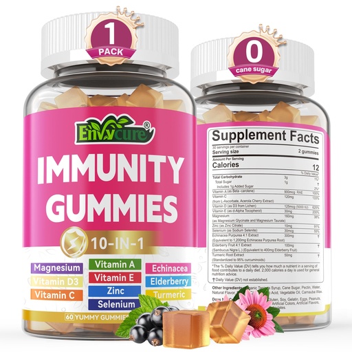 [BRSROCQNB4HGEDL3] 10 in 1 Immune Support Supplement Gummies, w/Echinacea, Elderberry Vitamin C and Zinc, Selenium, Vitamin D3 5000IU, Magnesium, Daily Immune Booster Multivitamin, for Antioxidant Bone Energy, 1 Pack