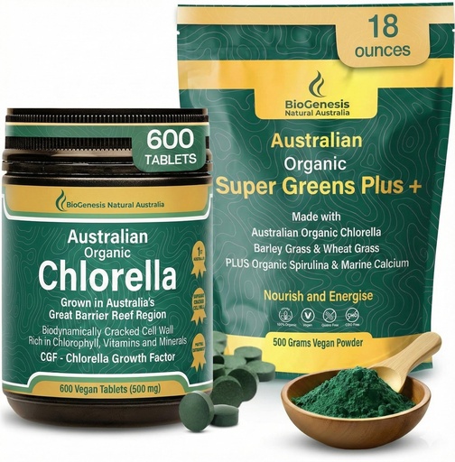 [BRSRGGAPAQCAGC3G] Biogenesis Bio-Active Vitality Stack | BioDynamic Cracked Cell Chlorella + Organic SuperGreens Complex | Australian Grown High-Absorption Duo | Potent Clean Energy, Detox & Gut Health