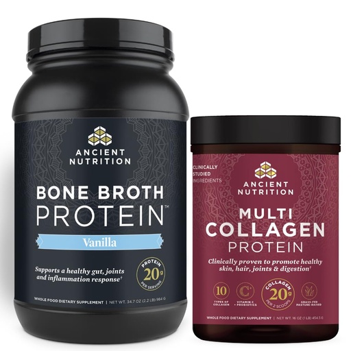 [BRSRMEARBYPRM3DD] Ancient Nutrition Bone Broth Protein Powder, Vanilla, 40 Servings + Multi Collagen Protein Powder, Unflavored, 45 Servings