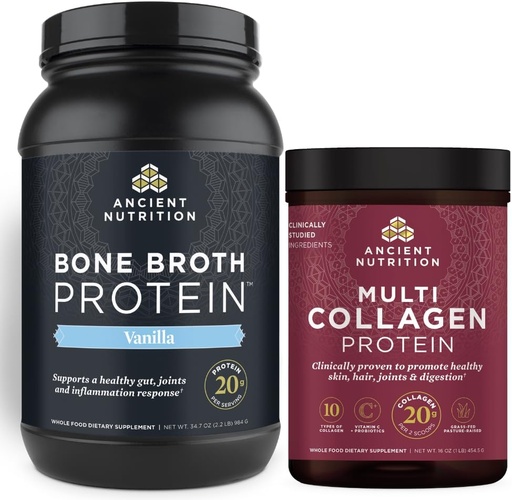 [BRSRMEARBYPRM3DD] Antigua Nutrición Bono Broth Protein Powder, Vainilla, 40 Servimientos + Multi Collagen Protein Powder, Desarrollado, 45 Servimientos