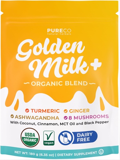 [BRSREBAEBYNRYCQ4] Golden Milk Powder Organic Blend - Adaptogenic Turmeric Latte with Ginger Ashwagandha & Mushroom Complex for Sleep Relaxation Vitality & Immune Support - Vegan Non-GMO & Filler Free (60 Servings)