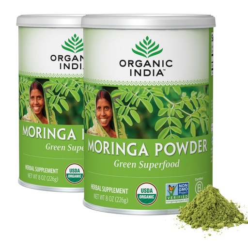 [BRSREA36CAAR4AY4] ORGANIC INDIA Moringa Powder - Moringa Oleifera Leaf Herbal Supplement, Green Superfood, Nutrient Dense, Pure Plant Protein, Vitamin A, E, K, Iron, Calcium, Fiber, Vegan, USDA Certified - 8 oz, 2-Pack