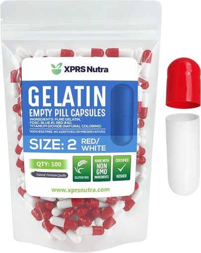 [BRSWYAQZDMPG2HT7] XPRS Nutra Size 2 Empty Capsules - 100 Count Empty Gelatin Capsules - Pills DIY Capsule Filling - Pure Bovine Pill Gel Caps for Do-It-Yourself Supplements (Red/White)
