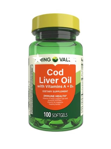 [BRSRGYD7CV5AGYDJ] Cod Liver Oil Plus Vitamins A & D3 Immune Health Dietary Supplement Softgels Spring Valley, 100 Count Pack-1 (100)