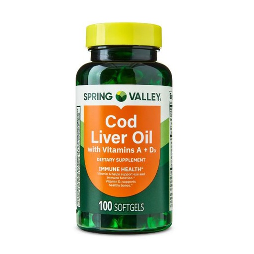 [BRSRGZQKAQJRUYLH] Spring Valley Cod Liver Oil Plus Vitamins A and D3 Dietary Supplement Softgels for Immune Health, 100 Count