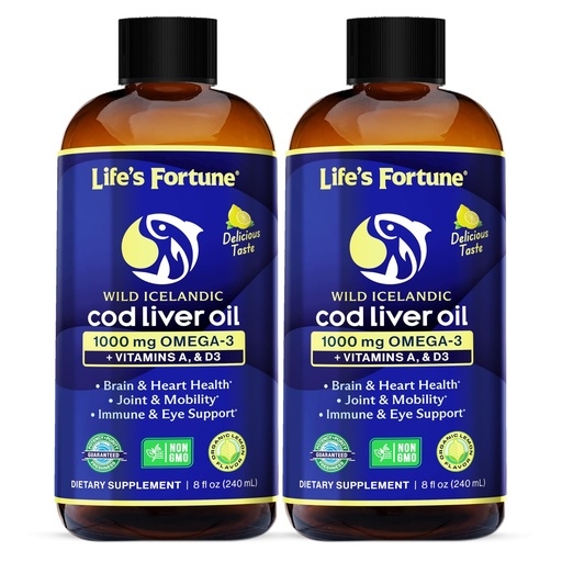 [BRSREHYCCMHAAALU] Life's Fortune Cod Liver Oil Liquid Lemon Flavor Organic Supplement with DHA, EPA 1000 mg High Potency Omega-3s + Vitamin A, E & D3 - Supports Immune, Joints, Eyes, 8 Fl Oz (Pack of 2)