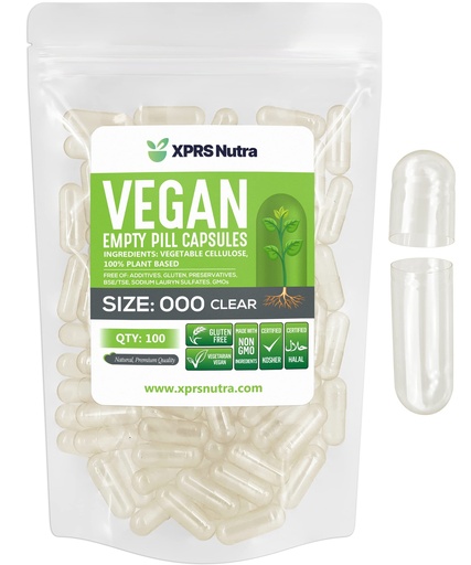 [BRSWGCT6BAPRSC3V] XPRS Nutra Vegan Size 000 Empty Capsules - 100 Count Clear Empty Vegan Capsules - Vegetarian Pill - DIY Vegetable Capsule Filling - Veggie Caps Pills