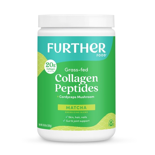 [BRSROC34CAGREFDD] Further Food Matcha Collagen Peptides Powder with Cordyceps Mushroom – 100% Grass-Fed, Hydrolyzed Type 1 & 3, 20g of Collagen per Serving, Supports Energy, Skin, Hair & Joints, 10.62 Oz