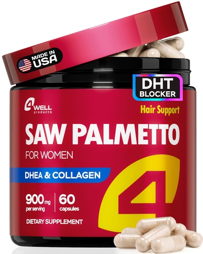 [BRSRAHYZPJ5Q22TG] Saw Palmetto for Women 900mg – DHT Blocker for Hair Growth with DHEA & Collagen Peptides, Advanced Beauty Support Complex for Hair, Skin & Nails, DHEA Supplement, Thinning Support, 60 Capsules