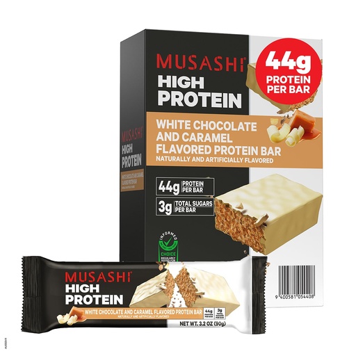 [BRSREBT4DMHW2F3U] MUSASHI High Protein Bar, 45g Protein, 2g Total Sugars, White Chocolate Caramel, Post Workout and Protein Snack On The Go, 12 Pack of 3.2oz (90g) Bars