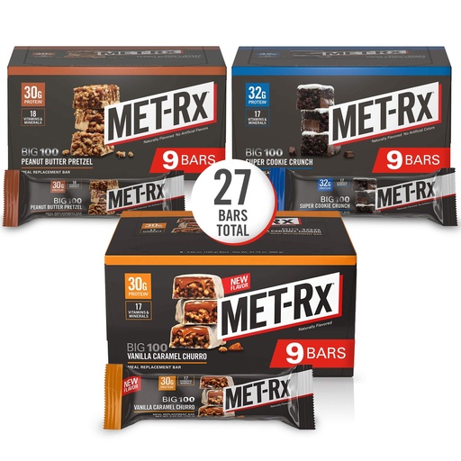[BRSWYGAEAF6RSADF] MET-Rx Big 100 Colossal Protein Bars, Healthy Meal Replacement Snack, Variety Pack, 3.52 oz bars, 9 Count (Pack of 3)