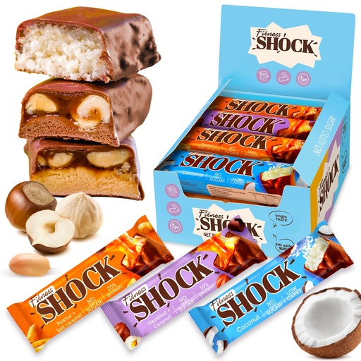 [BRSRMBL2CMNBYADK] FitnesSHOCK Protein Bars Variety Pack - Gluten Free, No Added Sugar, Low Calorie Low Carb Snack - Peanut Salted Caramel, Hazelnut Caramel, Coconut - 180 Kcal, 0g Added Sugar, 8g Fat, 13g Net Carbs - 12 x 50g