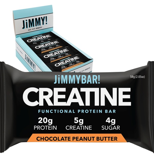 [BRSREBINOIIWGC37] JiMMYBAR! Creatine Protein Bar, Chocolate Peanut Butter, 20g Protein, 5g Creatine Per Bar, Ready-to-Eat Snack Food Bar, 12 Bars