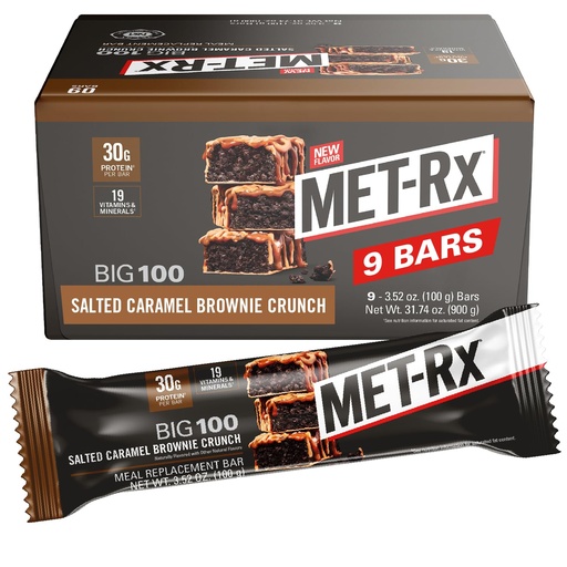 [BRSROFQEAANWCC3U] MET-Rx Big 100 Protein Bar, Meal Replacement Bar, 30G Protein, Salted Caramel Brownie Crunch, 9 Count, 3.52 Oz.(Packaging may vary)