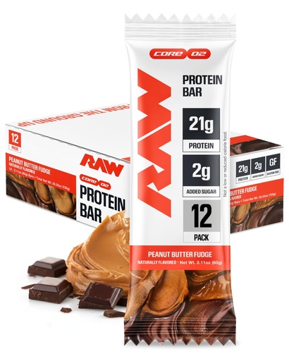 [BRSRGHYFOIJRGCTF] RAW Nutrition Protein Bars, Peanut Butter Fudge 21g Whey Protein, Low Sugar, Better-for-You Candy Bars, Gluten Free Chocolate Protein Snack for Muscle Recovery & Gym Fuel, 12 Count