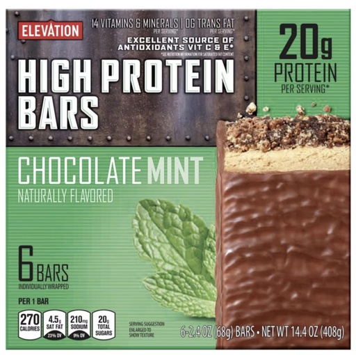 [BRSRAZLYCABGEFIU] Elevation High Protein Bars – Chocolate Mint Flavor – 20g Protein Per Bar – 6 Count, 14.4 oz Total – Low Sugar, Post Workout Snack, Muscle Recovery, Meal Replacement, Energy Bar