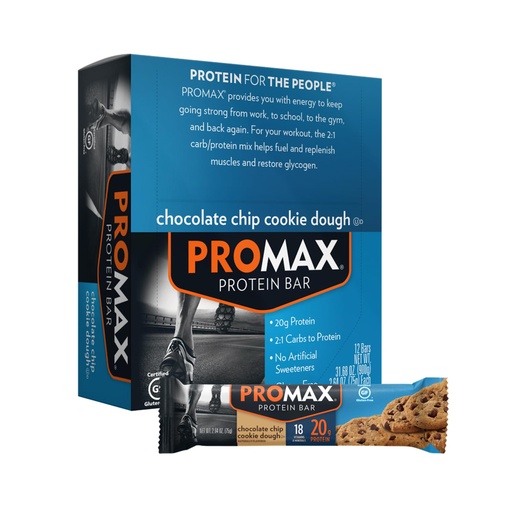 [BRSWIY37OUFROGTA] Promax Protein Bar, Chocolate Chip Cookie Dough, 20g High Protein, Gluten Free, 12 Count