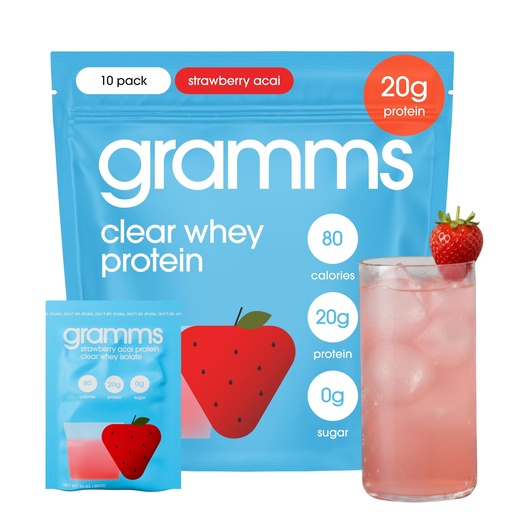 [BRSRACYPAAHREFLU] GRAMMS Clear Protein Powder Packets 20G Protein for Women & Men | Lactose Free, Grass-Fed Whey Isolate, Gluten Free, Zero Sugar, Gut Friendly, Non-Bloating (Strawberry Acai-10 Servings)