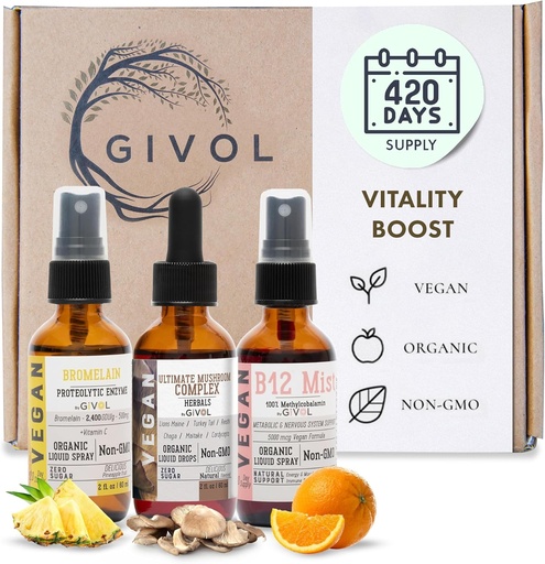 [BRSROAA6CVYBUFD4] Vitality Boost Bundle Liquid Spray - Ultimate Mushroom Complex, Bromelain, B12 Methylcobalamin - Complete Multivitamin - Plant- Based, Non-GMO, Gluten Free, Sugar Free 2 Fl Oz (420 Days Supply)