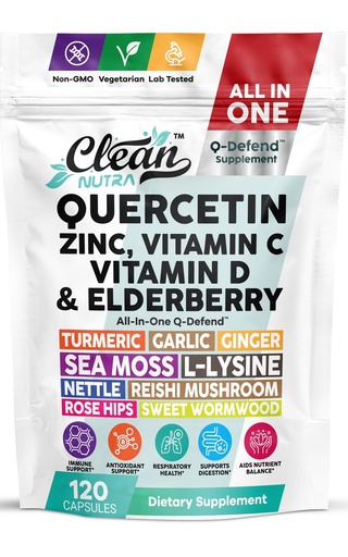 [BRSREYATCVYAE3I7] Q Defend Quercetin Supplement with Zinc Vitamin C Vitamin D Elderberry Turmeric Black Pepper Garlic Ginger Sea Moss Lysine Stinging Nettle Reishi Mushroom Immune Support 120 Capsules by Clean Nutra