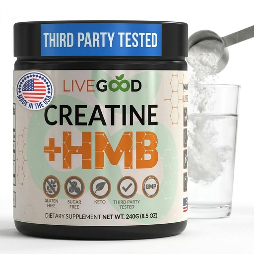 [BRSROCAHCB4A4ETA] LIVEGOOD Creatine Monohydrate with HMB for Lean Muscle Growth & Recovery – HMB Creatine Powder for Men and Women – Unflavored Creatine, 30 Servings