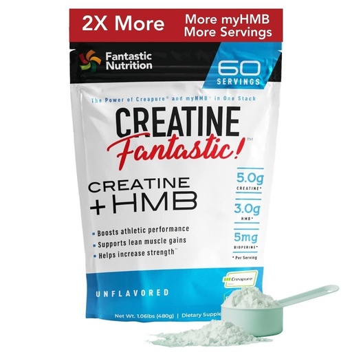 [BRSRAFD5OYNGO334] Fantastic Nutrition's Creatine + HMB — Clinically Dosed 5g Creapure German Creatine Monohydrate Plus 3g myHMB for Strength, Lean Muscle & Recovery — 60 Servings, Unflavored