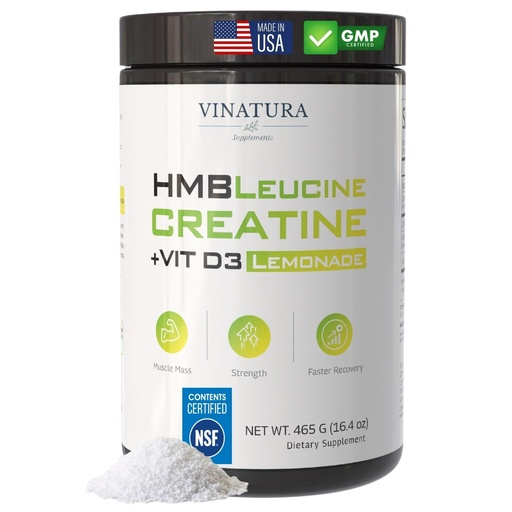 [BRSREFLYBFYGCAYY] VINATURA HMB Creatine Leucine Powder - 5g Creatine Monohydrate, 3g HMB Supplement, 3g L-Leucine - Vitamin D3, Vegan Lemonade Flavor, Muscle & Strength Support - 30 Servings