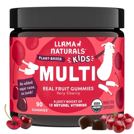 [BRSWGAT6DIMAAG3B] Llama Naturals Kids Multivitamin Gummies | Real Fruit, No Added Sugar Cane | Organic Vegan Toddler Whole Food Vitamins | Vitamin D, C & Beta Carotene Gummy Supplement | Cherry 90 Ct (1-2 Months)