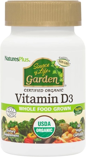 [BRSWIZIIOEIGIGDA] NaturesPlus Source of Life Garden Vitamin D3-60 Vegan Capsules, Pack of 3 - Immune System Support - Certified Organic, Non-GMO, Gluten Free - 90 Total Servings