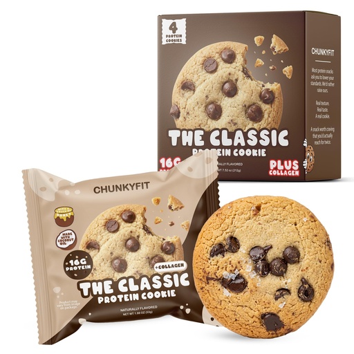 [BRSRGAQPCIMR6E3D] CHUNKYFIT Chocolate Chip Protein Cookie - Made with Coconut Oil, Collagen, 16g Protein and a Touch of Honey, Soft Baked Balanced Snack, Good for Post Workout Recovery - 1.88 OZ - 4 Pack