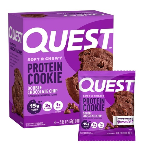 [BRSWGEALDIGWY3DA] Quest Nutrition Double Chocolate Chip Protein Cookie, 15g Protein, 1g Sugar, 3g Net Carbs, Keto Friendly, High Protein, Low Carb; 4 Count