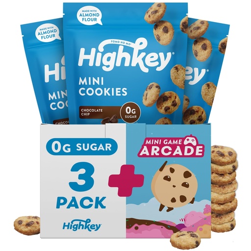 [BRSWGGAQCB6WCG3Z] HighKey Keto Chocolate Chip Mini Cookies - Gluten Free Sugar Free Cookies Keto Snack Low Carb Snacks Healthy Protein Diabetic Dessert Food Low Sugar Treat Diet Friendly Sweets 3 Pack + Arcade