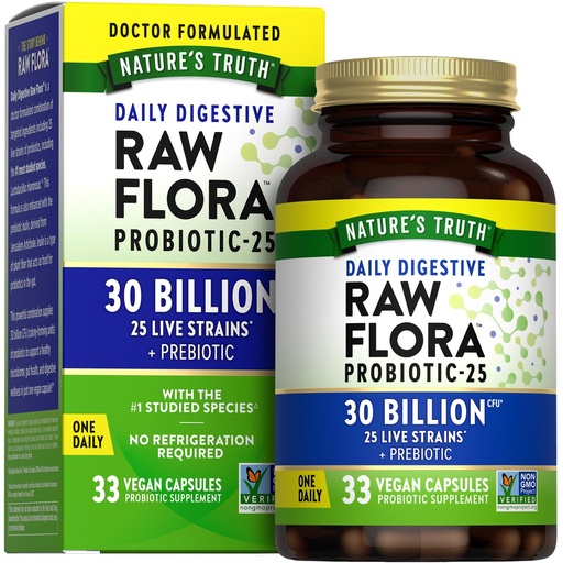[BRSRAHYPBUGRQF3F] Raw Flora Probiotics with Prebiotics | 30 Billion CFU | 33 Daily Digestive Capsules | Vegan, Non-GMO & Gluten Free Supplement for Women and Men