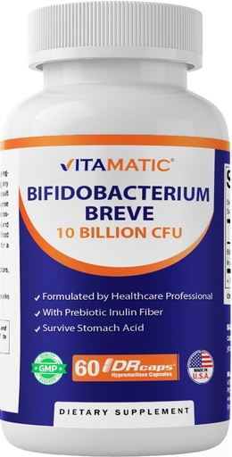[BRSRABAQBEOWE3DH] Vitamatic Bifidobacterium Breve - 10B per DR Capsule - 60 Count - Digestive Support - Made with Prebiotic Inulin Fiber