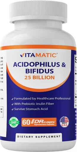 [BRSRABAQCUARSH36] Vitamatic Acidophilus Bifidus 25 Billion DR Capsule - 60 Count - Digestive Support - Made with Prebiotic Inulin Fiber