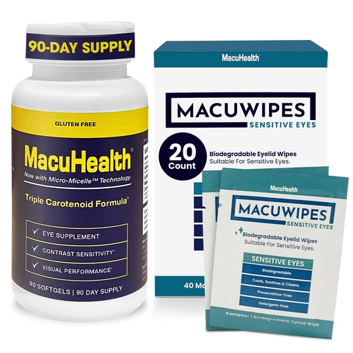 [BRSREAT3CF6A223L] Macuhealth Triple Carotenoid Eye Vitamins for Adults with Lutein, Zeaxanthin & Meso-Zeaxanthin (3-Month Supply) and MacuWipes Sensitive Pre-Moistened Eyelid Wipes with Tea Tree Oil - 20 Count
