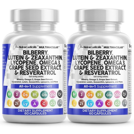[BRSRAAYTB4HRODLZ] Clean Nutra Eye Vitamins with Bilberry Lutein and Zeaxanthin Supplements Lycopene 40mg Resveratrol Grape Seed Astaxanthin for Eyes - Eye Care Health Support (60 Count (Pack of 2))