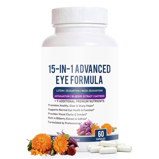 [BRSRGAAKOR5QKDQ2] 15 in 1 Advanced Eye Formula - Eye Vitamin and Mineral Supplement with Lutein, Zeaxanthin, Zinc & Bilberry Extract - Vision & Focus Support, 60 Capsules