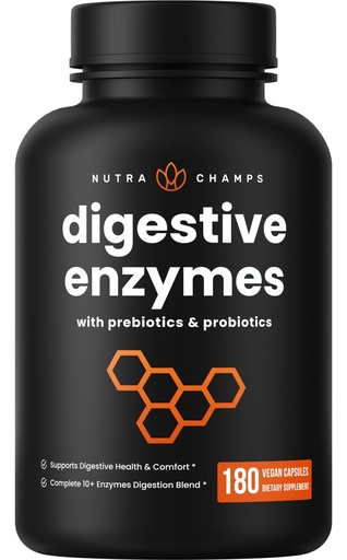[BRSWGYYPO55GECL3] NutraChamps Digestive Enzymes with Probiotics and Prebiotics for Women & Men - 180 Vegan Capsules with Bromelain for Bloating & Optimal Gut Health
