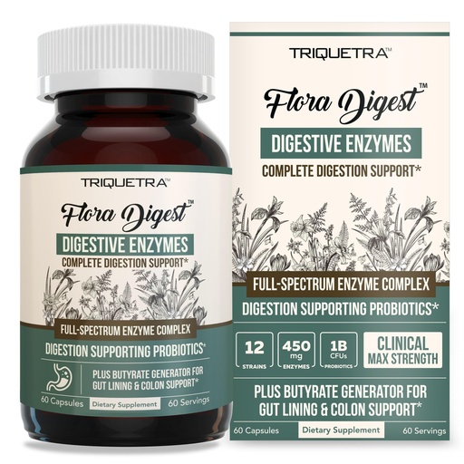 [BRSRAHT7AQAQYH3G] Flora Digest - 3-in-1 Max Strength Digestive Enzymes + Gut Surviving Probiotics & ButyraGen® Postbiotic for Optimal Digestion, Bloating Relief, Regularity, Gut Lining & Colon Support - (60 Capsules)
