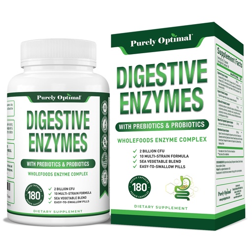 [BRSWYZY7BMIR62D7] Purely Optimal Digestive Enzymes for Women and Men – Multi-Enzyme Supplement for Bloating Relief, Digestion and Heavy Meal Support – with Probiotics and Prebiotics for Gut Health – 180 Capsules