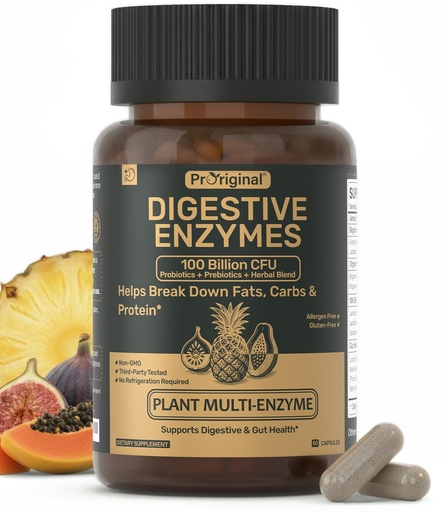 [BRSREHT3BMJRS3LJ] Digestive Enzymes Supplement with 100 Billion CFU Organic Probiotic & Prebiotic - Multi-Enzyme Formula for Women & Men - Supports Digestive & Gut Health, Aids Protein, Carb & Dairy Digestion, 60 Caps