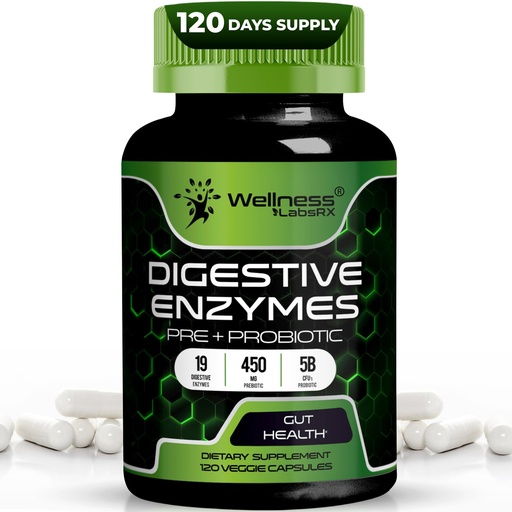 [BRSROAQDCUNAK33L] Digestive Enzymes with Probiotics and Prebiotics, 450mg, 5 Billion CFUs - Pure Super Digestion Capsules - Digestive Enzymes for Women & Men Support Digestion & Gut Health - 120 Count
