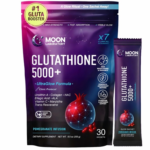 [BRSREEL3O4DWEA36] Reduced L-Glutathione 5000mg Powder Drink – Advanced 7 Antioxidant Complex with Urolithin A, NAC & Collagen – Skin Brightening, Anti-Aging & Detox Support – 30 Sachets. Pomegranate Flavor