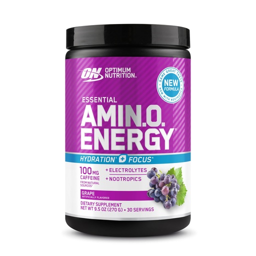 [BRSREGABCR4BSDQ2] Optimum Nutrition Amino Energy Powder Plus Focus, with BCAA, Electrolytes, and Caffeine, Grape, 30 Servings (Packaging May Vary)