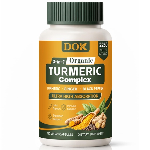 [BRSRGALQDENB6HLO] Turmeric Organic 3-in-1 Complex, Turmeric Curcumin Supplement with Black Pepper & Ginger 2250mg, Daily Support, Vegan, Non-GMO, 120 Count (A)